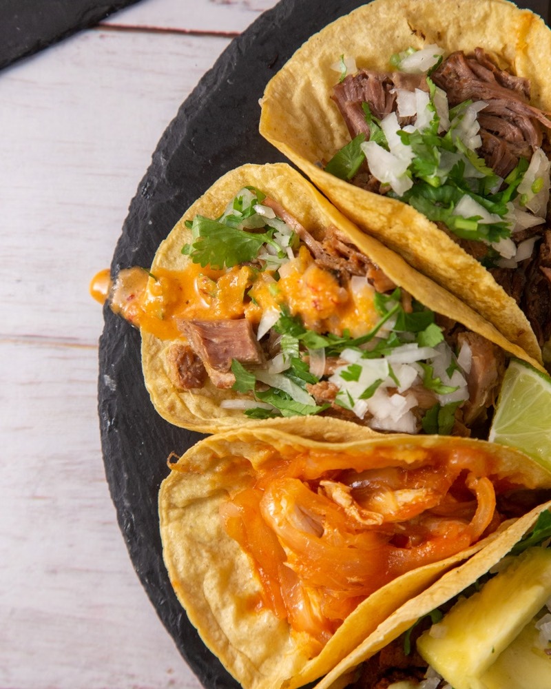 Tacos al pastor. This is pork cut off the spinning grill.